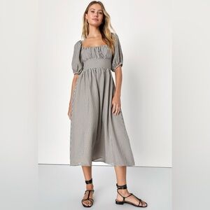 Lulus Remarkable Cuteness Beige and Black Gingham Tie-Back Midi Dress! SZ‎ L